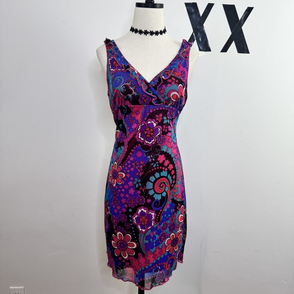 Vintage Rampage Y2K Bold Floral Mesh Midi Dress V Neck M